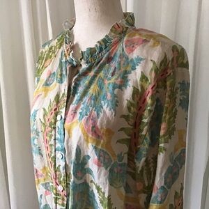 Women’s Spartina 449 Jori Linen Shirt Sugar Mill Damask Ruffle Collar Small